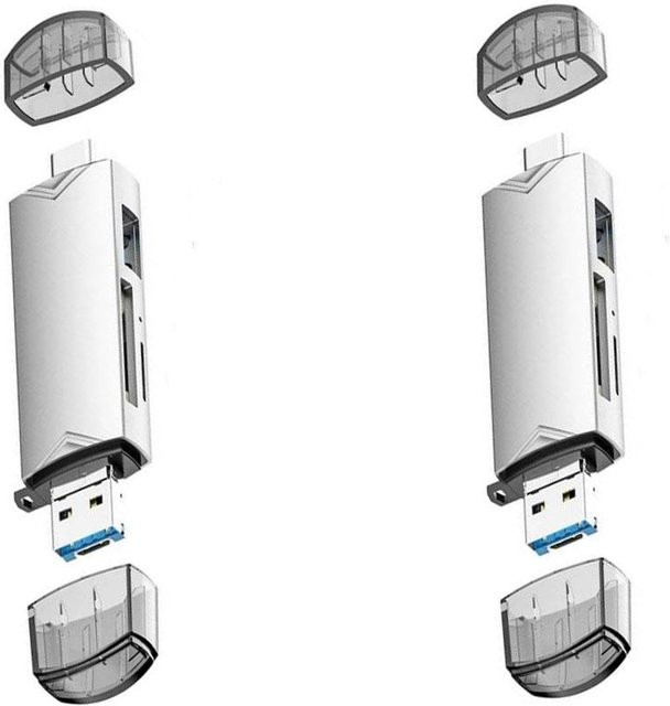 Meiteai-Tech Multifunktionaler 6-in-1-Kartenleser mit USB 3.0 auf Typ C und Micro-OTG-Adapter für TF, SD-Karte und USB-Flash-Laufwerk in Silber - Bild 1