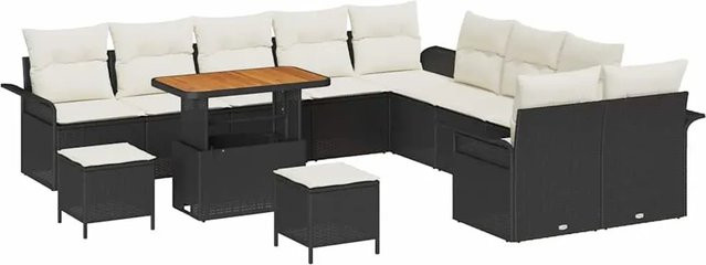 vidaXL Garten-Sofa-Set 13-teilig aus Poly-Rattan und Akazienholz in Schwarz-Creme mit Polstern und Metallgestell - Bild 1