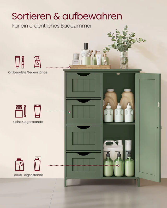 VASAGLE Badezimmerschrank als schmaler Badschrank und Kommode mit 4 Schubladen, Schranktür und verstellbarer Ablage in Blau oder Grün - Bild 2