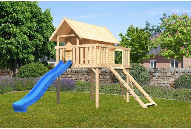 Karibu Stelzenhaus Fidel Set in Natur mit blauer Wellenrutsche und Netzrampe, B/H/T: 198 x 329,5 x 243 cm - Bild 1