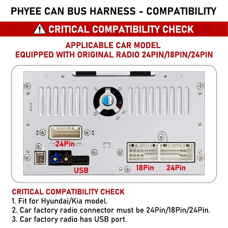 PHYEE CAN-Bus-Kabelbaum-Decoder Android-Adapter mit SWC-Unterstützung in Schwarz für Hyundai Tucson Santa Fe Kia Sportage Ceed, 24-Pin/18-Pin/24-Pin und 16-Pin P&P - Bild 2