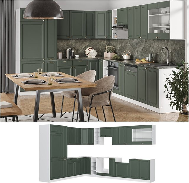 Vicco Fame-Line Eckküche im Landhausstil, Küchenzeile in Weiß Grün Gold, B/T/H: 347 x 257 cm - Bild 1