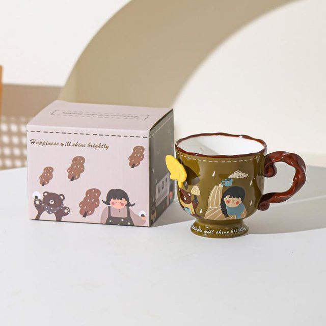 Retro Keramiktasse für Mädchen in Beige und Braun von Yiran bag mit 400 ml Volumen - Bild 1