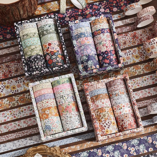 12er Set Vintage Floral Washi Tape in Multicolour und Pink für Bullet Journaling und DIY Dekoration - Bild 1