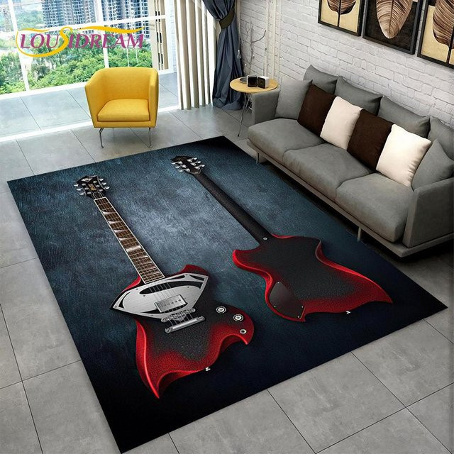 HGHT Teppich mit Gitarren-Motiv Schwarz, rutschfeste Bodenmatte aus Polyester für Wohnzimmer, Schlafzimmer oder Kinderzimmer, B/T: 60 x 40 cm - Bild 1
