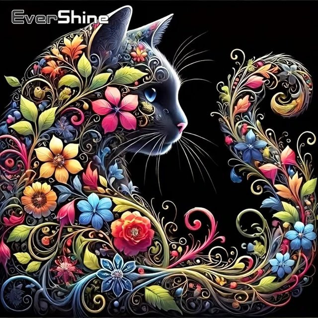 EverShine 5D DIY Diamant-Stickerei Katze und Blumen Mosaik Wanddekoration in Mehrfarbig, B/H: 20 x 20 cm - Bild 1