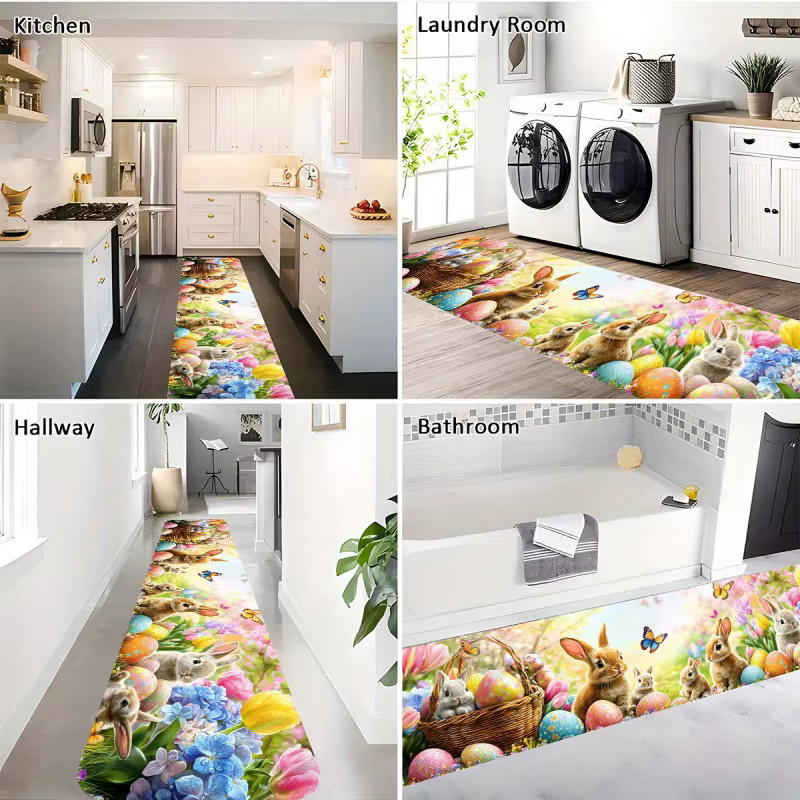 VIKAMA Oster-Hasen-Blumenkorb Flurteppich mit Frühlingsblumen-Streifenmuster, rechteckig, mehrfarbig - Bild 2