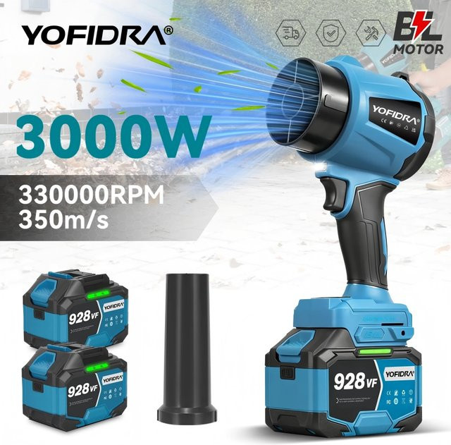 YOFIDRA Bürstenloser Elektrischer Turbo-Laubbläser 3000W Handgeführter Staubbläser für Makita LXT 18V Akku, Blau - Bild 1