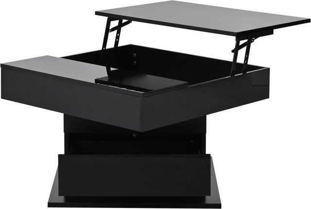 PXloue Couchtisch Schwarz Hochglanz mit Schublade, höhenverstellbar und drehbar, B/T: 70 x 70 cm - Bild 1