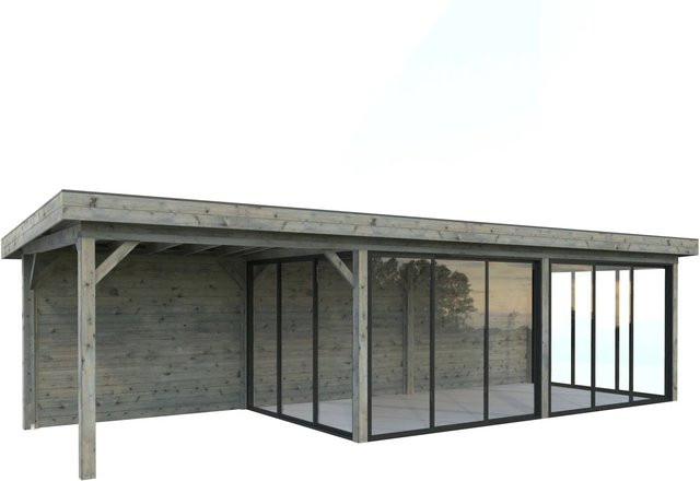 Palmako Pavillon Lenna Set 418 Slide in Grau aus tauchgrundiertem Fichtenholz mit Alu-Schiebetüren und ESG Glas, B/T: 876 x 300 cm - Bild 1