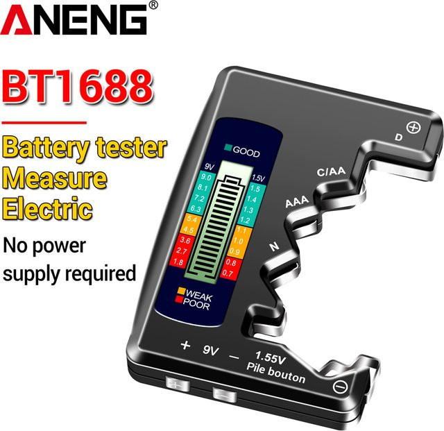 ANENG BT1688 Digitaler Batterietester mit LCD-Display in Silber zur Kapazitätsmessung von AA, AAA, 9V und Knopfzellen - Bild 1