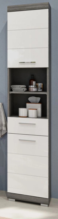 Badezimmer Hochschrank Shawn von Inn.Furn in Weiß Hochglanz und Rauchsilber Grau B/T/H: 37 x 31 x 191 cm - Bild 1