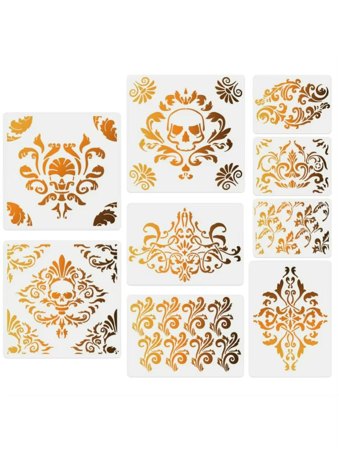 9 Stück Totenkopf-Pflanzen-Malschablonen aus Kunststoff in 3 Größen für DIY-Kunst und Handwerk mit Blumenranken-Motiven - Bild 4