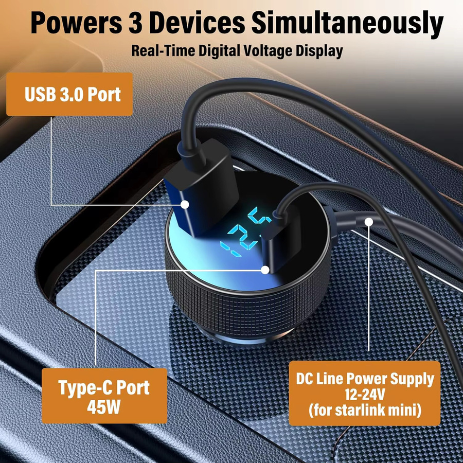 Autoladegerät für Starlink Mini mit USB-C Anschluss und Digitalanzeige, 3 Meter DC-Stromkabel als Zigarettenanzünder-Adapter, Schwarz - Bild 4