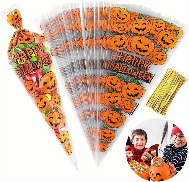 100 Stück transparente Zellophan-Leckerlibeutel mit Kürbis-Design für Halloween von JXB - Bild 1