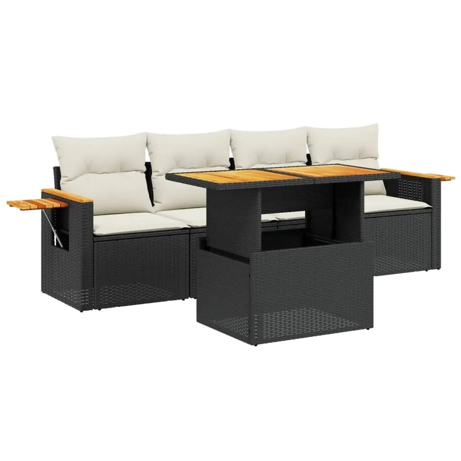 vidaXL 5-tlg. Garten-Sofagarnitur aus Poly-Rattan in Schwarz mit Kissen und Akazienholz-Tisch - Bild 2