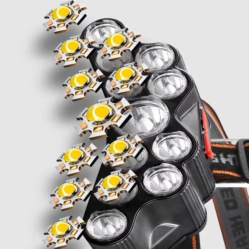 Heinast LED-Stirnlampe mit 11 LEDs, wiederaufladbarer USB-Scheinwerfer mit 18650-Akku, Schwarz - Bild 3