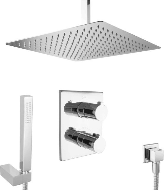 PaulGurkes Unterputz Dusch Set in Chrom mit 40 cm Regendusche, Thermostat, Handbrause und Umschalter - Bild 1