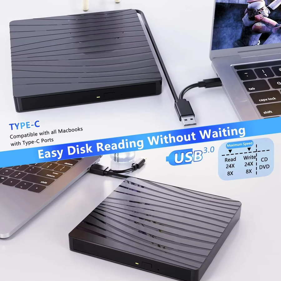 KEBIDUMEI Externes CD-DVD-Laufwerk in Schwarz mit USB 3.0 und Type-C als optisches DVD/CD-Laufwerk für Laptop und PC - Bild 5