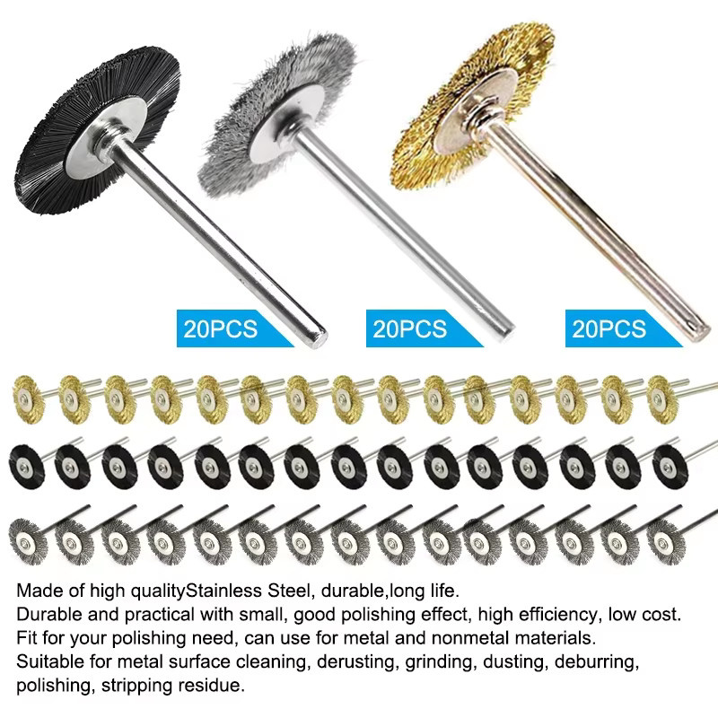 CMCP Draht-Radbürsten-Set für Dremel und Drehwerkzeuge mit 3,0 mm Schaft, Polierwerkzeuge aus Messing, Stahl und Nylon, Durchmesser: 22 mm - Bild 2