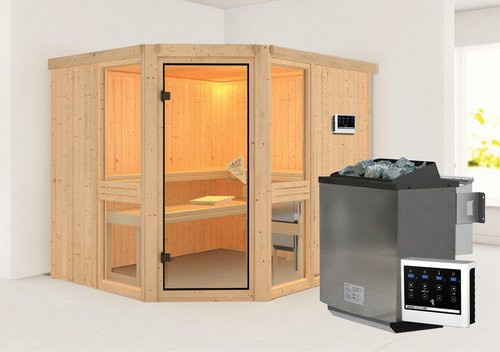 Karibu Pölva 3 Bio-Kombi-Sauna aus Fichtenholz für 4 Personen, beige, B/T/H: 231 x 196 x 198 cm, inkl. 9 kW Saunaofen mit externer Steuerung - Bild 1