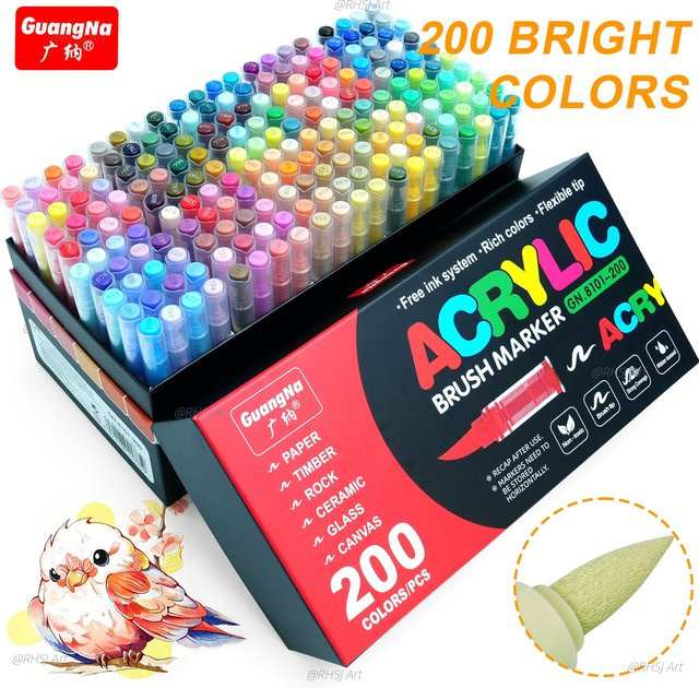 Professionelles Acryl-Markierstift-Set mit 200 Farben und weicher Pinselspitze, schnell trocknende wasserbasierte Tinte für Stein, Kunststoff, Holz, Leinwand und Glas, Mehrfarbig - Bild 1