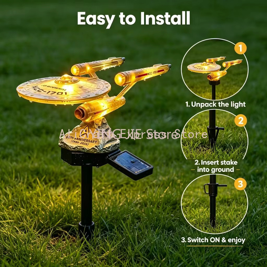 Retro Sci-Fi Raumschiff Solar-Gartenleuchte aus Harz mit warmweißer LED, IP65 wasserdicht, Farbe Gold/Messing - Bild 3