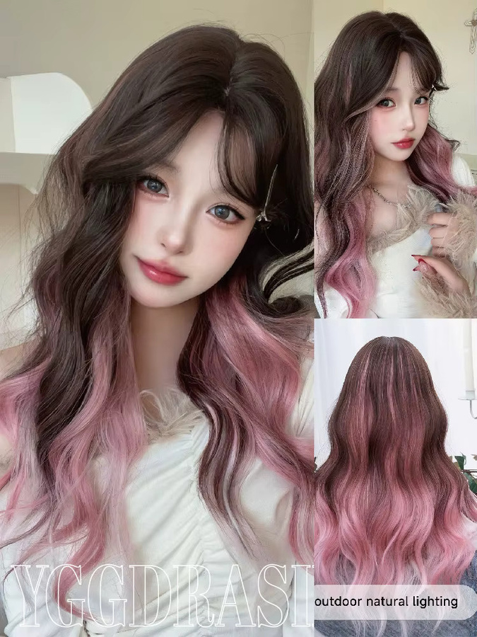 YGGDRASIL Haarperücke, 28 Zoll, braun mit rosa Highlights, gewellt, Damen - Bild 4