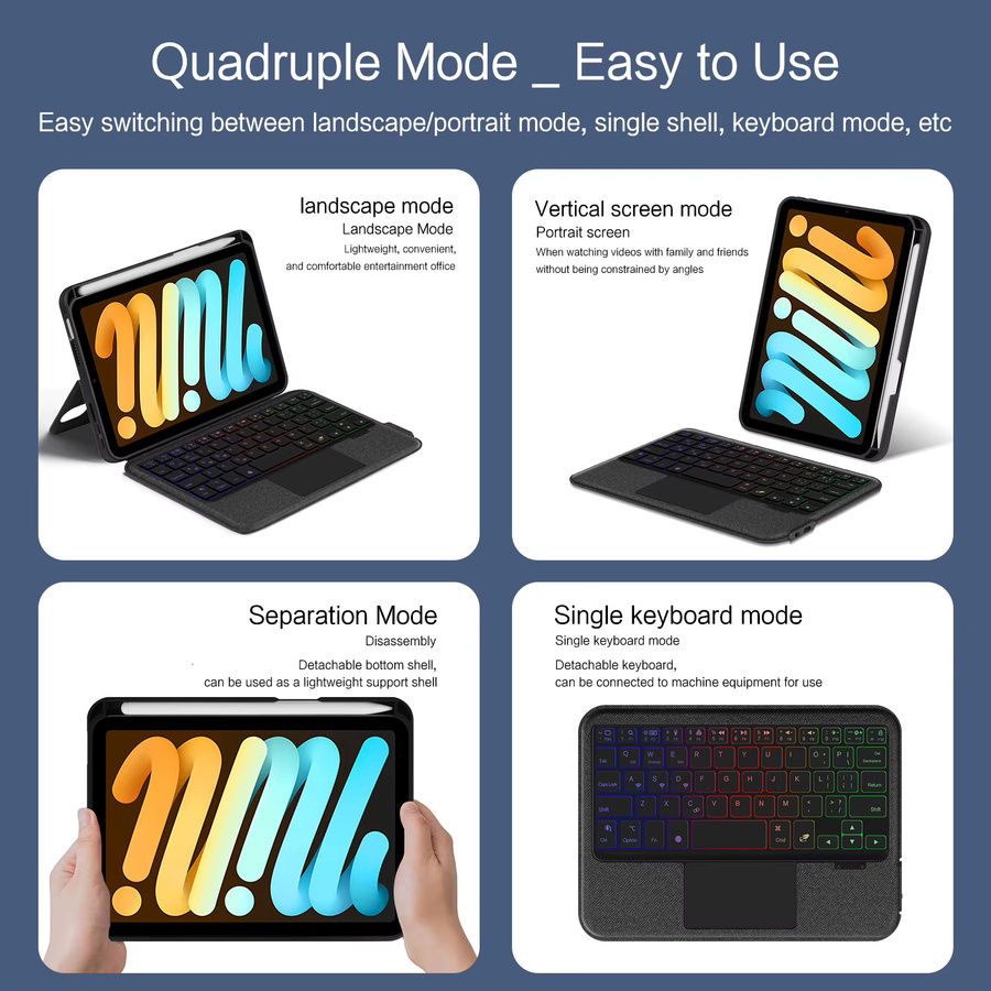 AJIUYU TouchPad-Tastaturhülle mit Hintergrundbeleuchtung für iPad Mini 7 A17 Pro 2024 und iPad Mini 6 8,3 Zoll, abnehmbares Smart Cover, Schwarz - Bild 4