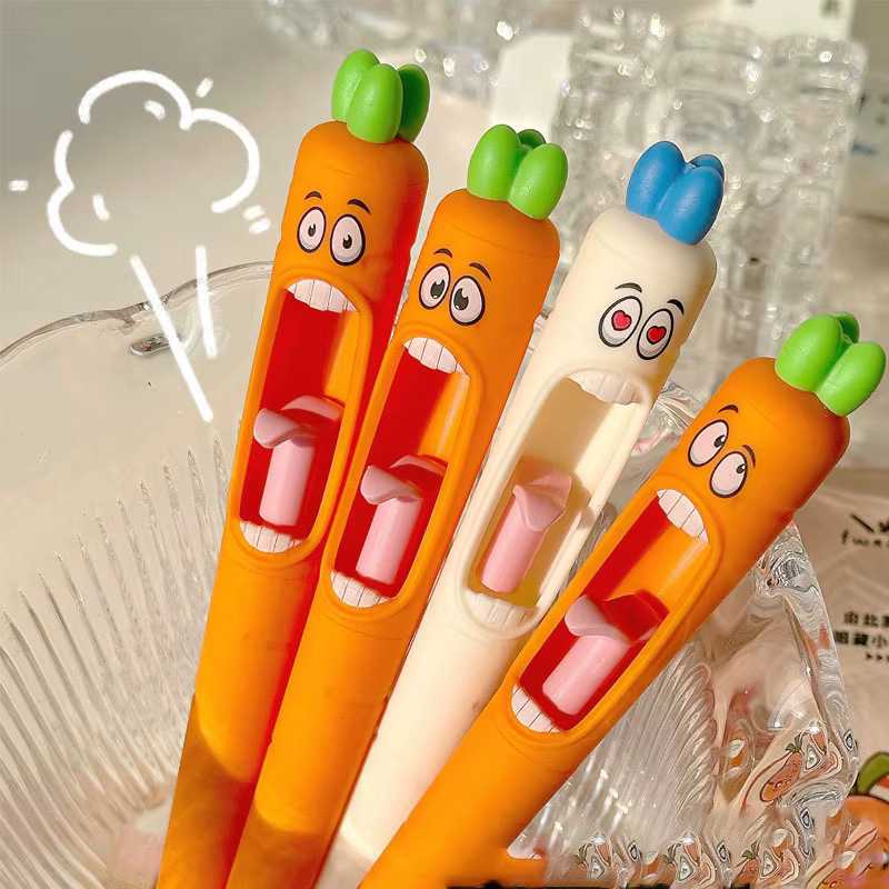 Set mit 4 Karottenförmigen Gelstiften in Orange mit lustigem Zungenmechanismus und 0,5 mm schwarzer Tinte - Bild 3