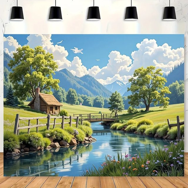 VIKAMA Wandtapete mit ländlichem Landschaftsmotiv in Grün und Multicolour, dekorative Tapete mit Steinhaus und Naturmotiv - Bild 1