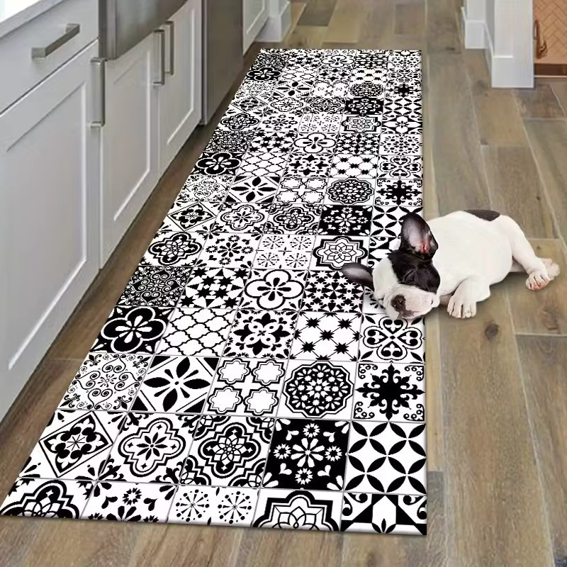 VIKAMA Boho Teppich mit Keramikfliesen-Druck in Schwarz, rutschfest und saugfähig, rechteckig, B/T: 60 x 40 cm - Bild 4