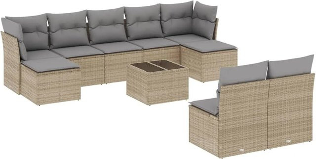 vidaXL 10-tlg Garten-Sofagarnitur in L-Form aus beige Poly Rattan mit wetterfesten Kissen und pulverbeschichtetem Stahlgestell - Bild 1