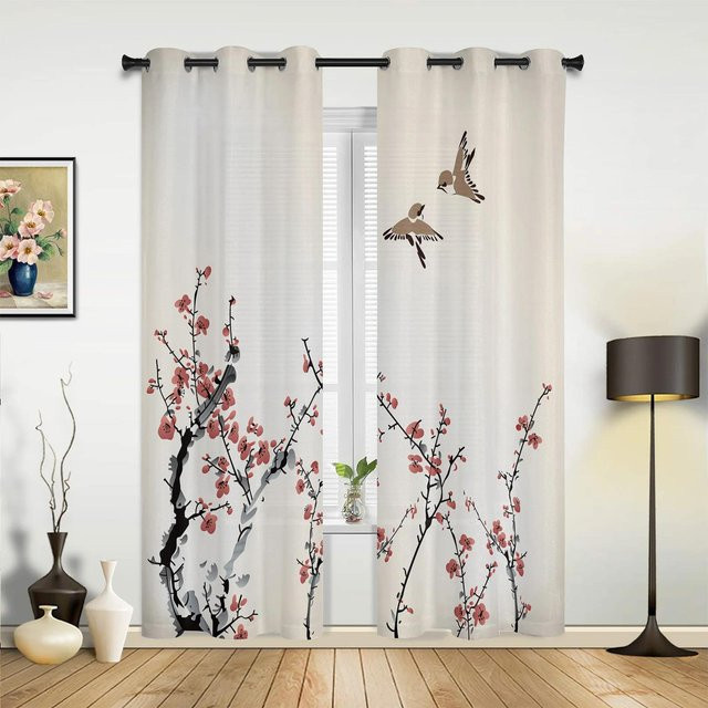 Vorhang im chinesischen Stil mit Kranich, Bambus und Naturmotiv, Farbe: Weiß, Breite: 135 cm, Höhe: 60 cm - Bild 1