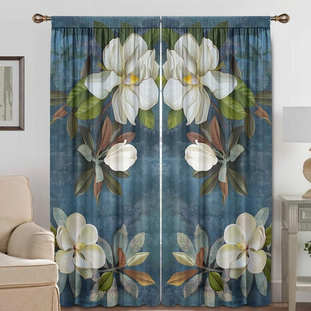 2er-Set dekorative Vorhänge mit Blumenmuster in Blau, halbtransparent, B: 100 cm, H: 130 cm - Bild 1