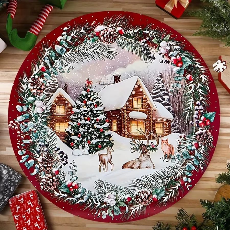 ADreamy Runder Weihnachtsteppich aus Baumwolle mit Schneeszenen und Weihnachtsmann-Motiven für dein Schlafzimmer und Neujahrs-Homedecor - Bild 2