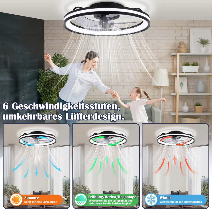 Tetipa Deckenventilator mit LED-Beleuchtung und Fernbedienung in Schwarz, Smart Home Integration, 3 Farbtemperatur-Einstellungen und Timer, Durchmesser: 50 cm - Bild 3