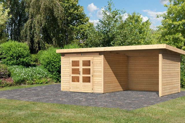 Gartenhaus Karibu Kandern 6 aus Fichtenholz mit Pultdach und Anbaudach, Naturbelassen, B/T: 274 x 274 cm - Bild 1