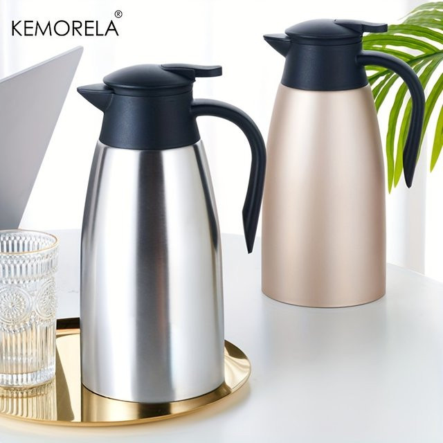 KEMORELA Thermoskanne aus Edelstahl in Silber mit 2 l Fassungsvermögen für Kaffee und Wasser - Bild 1