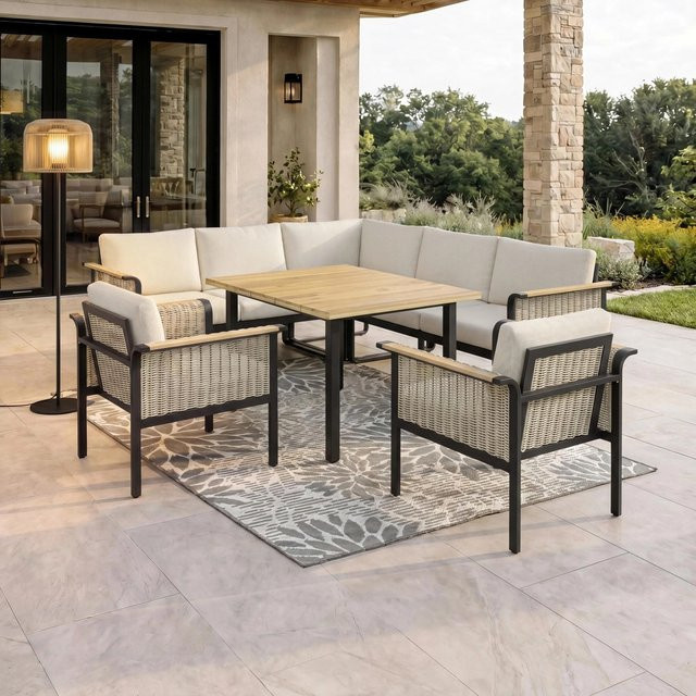 Bessagi Garden Dining-Loungeset Cassandra in Hellbraun aus Holz und Aluminium - Bild 1