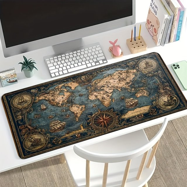 VIKAMA Gaming-Mauspad Vintage-Weltkarte mit Segelbooten und nautischen Elementen, rutschfest und waschbar, Multicolor - Bild 1