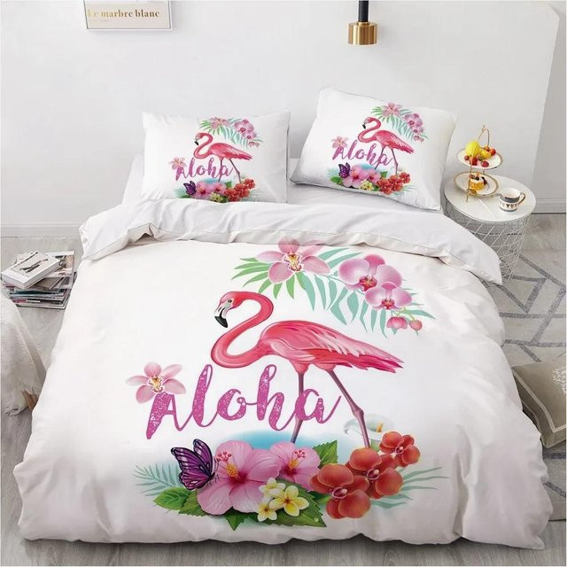 Wucifang Bags Bettwäsche-Set mit 3D Flamingo Aquarell-Design in Rosa und Weiß, bestehend aus Bettbezug und Kissenbezug aus Mikrofaser, Kissenbezug: 70 x 133 cm - Bild 1