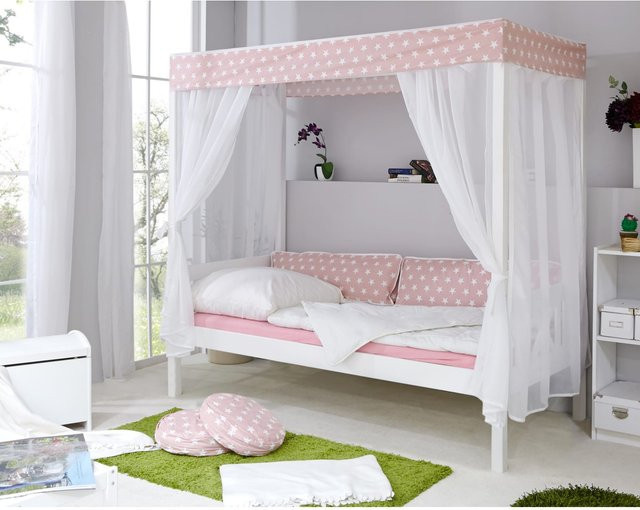 TiCAA Himmelbett aus Kiefer mit Baldachin in Rosa und Weiß mit Sternen-Design - Bild 1