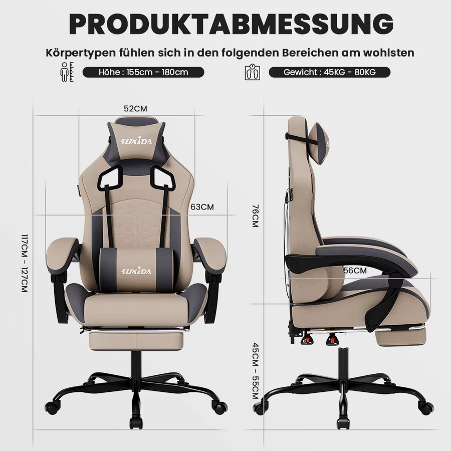 SUKIDA Ergonomischer Gaming-Stuhl mit Kopfstütze und Armlehnen, drehbar und verstellbar, Schwarz-Weiß-Beige Matt - Bild 2