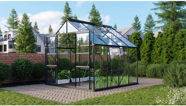 Vitavia Gewächshaus Meridian 2 - 6700 ESG Schwarz mit Sicherheitsglas, Aluminiumrahmen, Doppelschiebetür, Satteldach, 2 Dachfenstern, 1 Seitenfenster und Regenrinnen, B/T/H: 645 x 254 x 232 cm - Bild 1