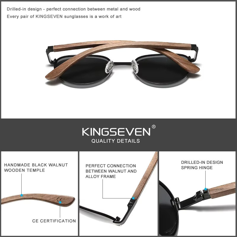 KINGSEVEN Sonnenbrille, Holz, Vollrand, Rund, Schwarz, Unisex, polarisiert, verspiegelt - Bild 2