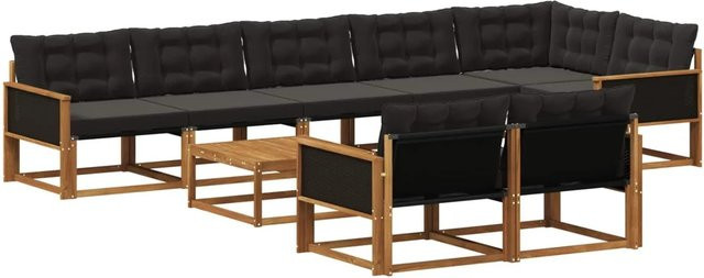 vidaXL Outdoor-Sofagarnitur L-Form aus massivem Akazienholz mit 9 Textilene-Kissen in Schwarz und Natur - Bild 1