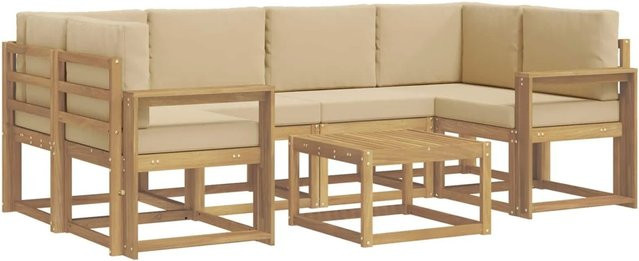 vidaXL Outdoor-Sofagarnitur aus Akazienholz in L-Form mit Kissen und Couchtisch, 7-teilig, Weiß, Beige und Braun - Bild 1