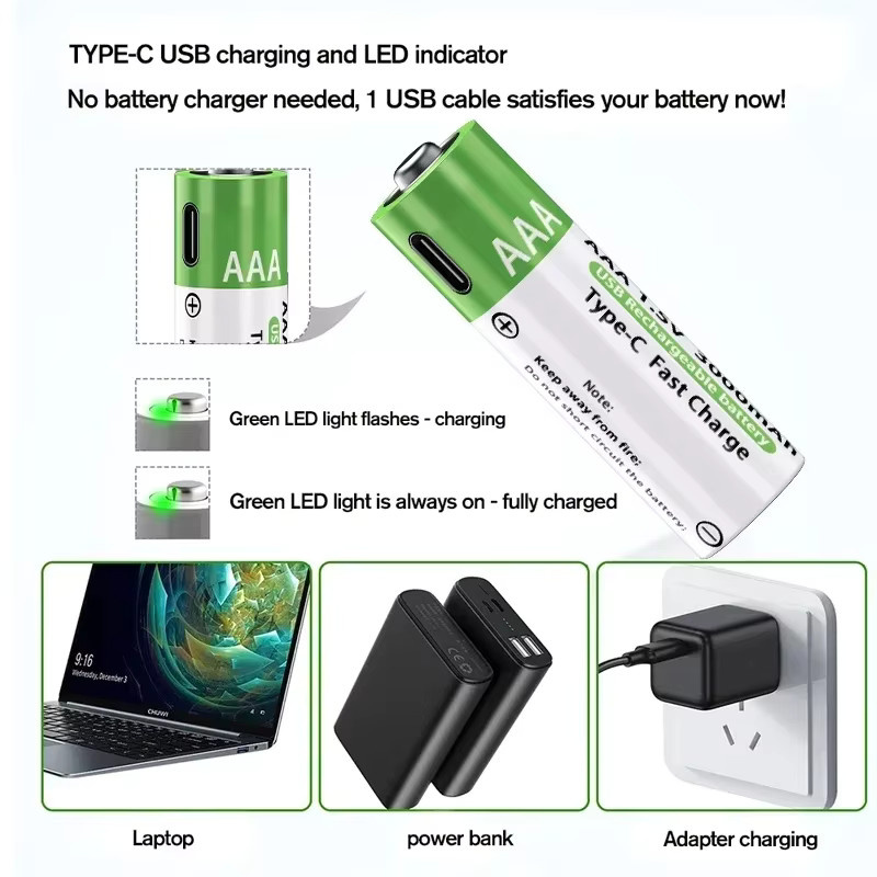 SMARTOOOLS AAA Lithium-Ionen Akku Set 1,5 V mit 3000 mAh, USB-C Ladung, Farbe Grün inklusive Aufbewahrungsbox und Datenkabel - Bild 2