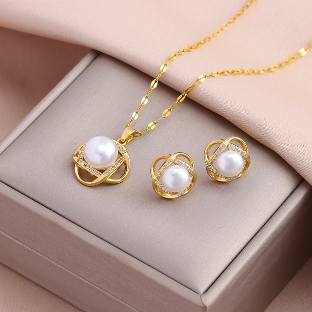 Marisa Schmuck-Set, Edelstahl, Perle, Gold, Vintage, Damen - Bild 1
